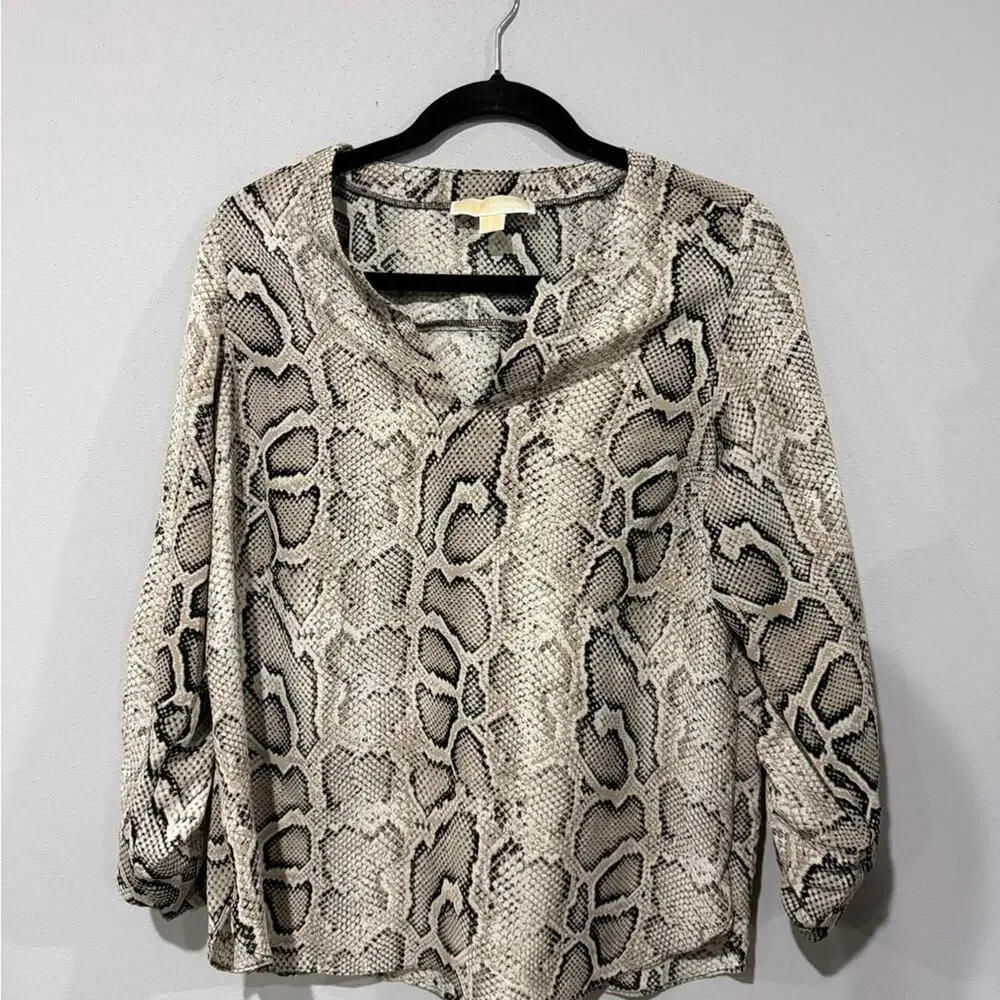 Michael Michael Kors Snakeskin V-Neck Roll-Tab Sleeve Blouse Size Medium